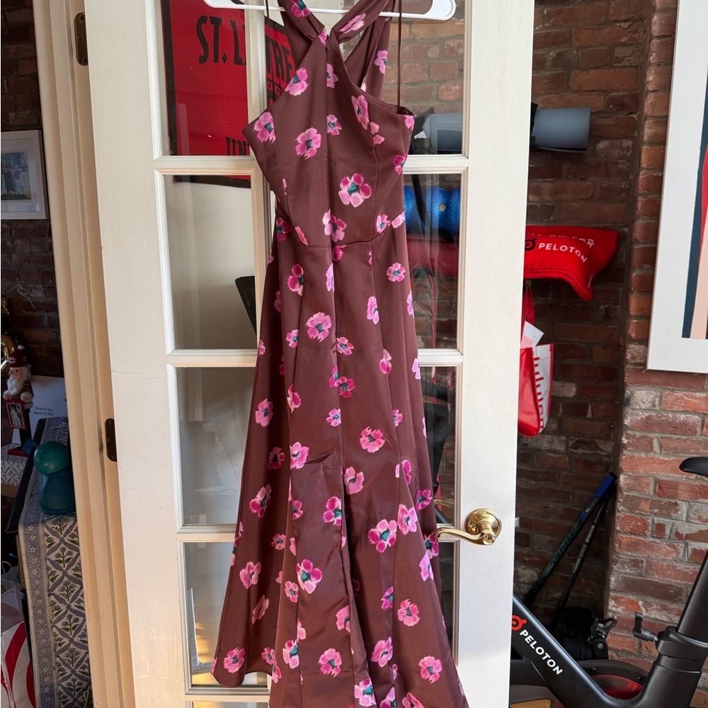 LOFT Brown and Pink Floral Cross Neck Satin Dress
